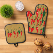Chili Peppers Oven Mitt and Pot Holders Ofenhandschuh & Topflappen-Set (Oben Unten)