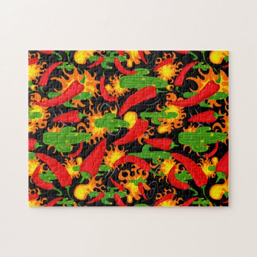 Chili Pfeffer, Kaktus und Flammen farbig Puzzle (Horizontal)