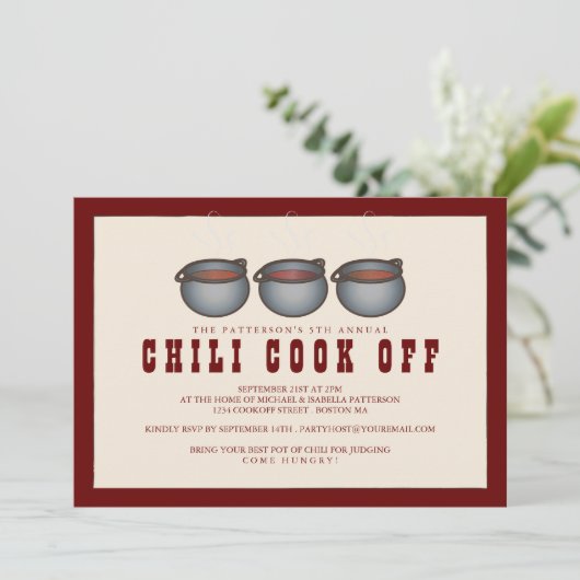 Chili Pot Trio Chili Cook Off Party Einladung (Stehend Vorderseite)