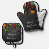 Chilis und Gewürze Ofenhandschuh & Topflappen-Set (Vorderseite/Rückseite)