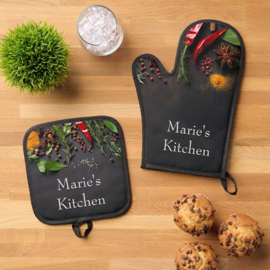 Chilis und Gewürze Ofenhandschuh & Topflappen-Set (Oben Unten)