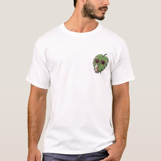 Chill Monstera Leaf Character Drinking Iced Coffee T-Shirt (Vorderseite)