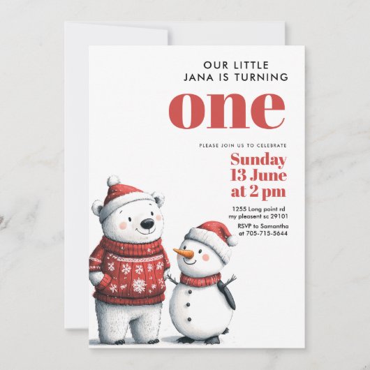 Chill with Red Bear & Snowmen | Winter Wonderland Einladung (Vorderseite)