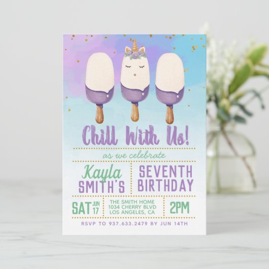 Chill with us Unicorn Popsiday Einladung (Stehend Vorderseite)