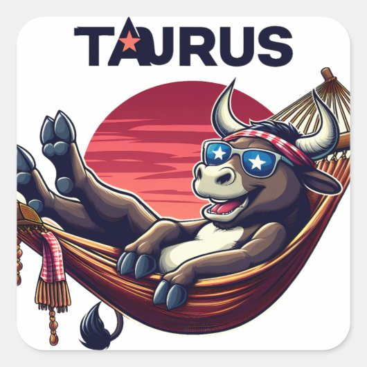 Chillaxing Patriotic Taurus Bull in Hammock Design Quadratischer Aufkleber (Vorderseite)