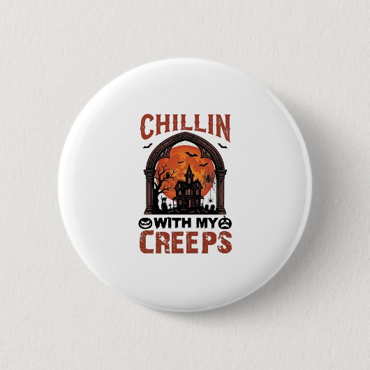 Chillin Creeps Halloween Gruselhaus Orange Mond Button (Vorderseite)
