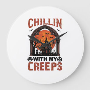 Chillin Creeps Halloween Gruselhaus Orange Mond Große Wanduhr