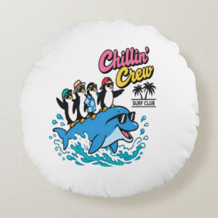 Chillin Crew Surf Club Pinguin Delfin T-Shirt Rundes Kissen