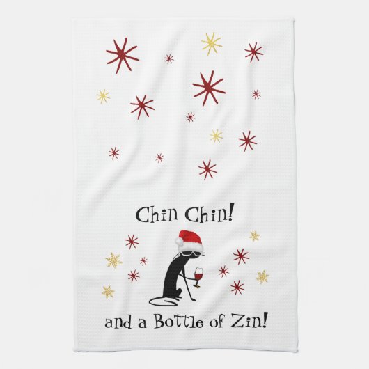 Chin Chin und eine Flasche Zin Funny Wine Cat Geschirrtuch (Vertikal)