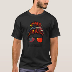 China American Flag USA Chinese Messy Bun T-Shirt