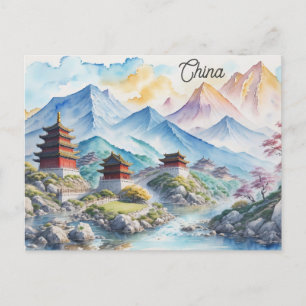 China Chinesische Pagoda Berge Wasserfarbenreise Postkarte