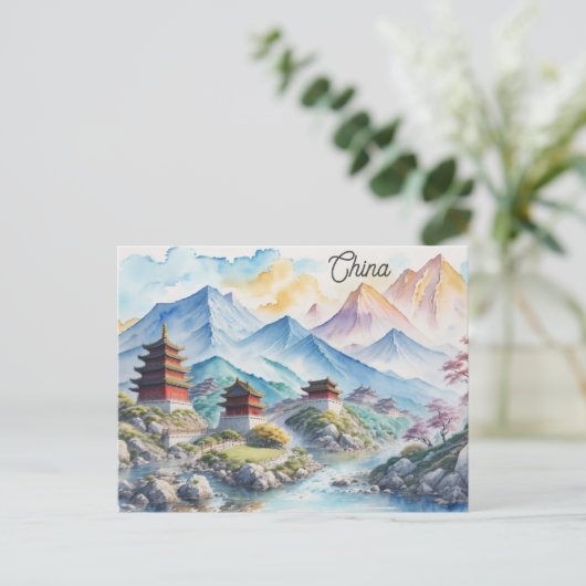 China Chinesische Pagoda Berge Wasserfarbenreise Postkarte (Stehend Vorderseite)