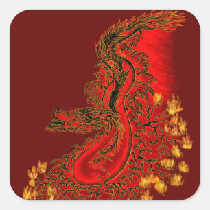 China-Drache rot-goldene Gestaltung Quadratischer Aufkleber