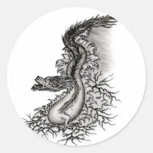 China Dragon, Schwarzweiß-Design in Tattoostyl Runder Aufkleber