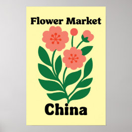 China Flower Market Coral Peony and Green Leaf Poster