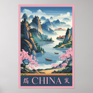 China-Illustration Rosa Reise Kunst Vintage Poster