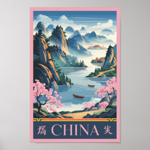 China-Illustration Rosa Reise Kunst Vintage Poster
