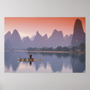 China, Li River. Single Kormoran Fischer. Poster