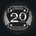 China Traditional wedding anniversary 20 years Große Wanduhr<br><div class="desc">A design to celebrate 20 years of marriage. This design has a white (China) colored laurel design on a black background. China is the traditional gift for this chance. The text reads china 20 years anniversary. A romantic design to celebrate your 20th year of marriage. If you would like any...</div>