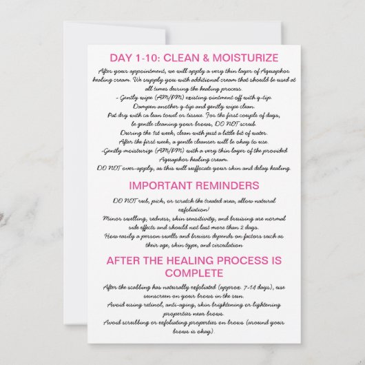 ChinatiEyebrow Microblading Aftercare Instructions Einladung (Rückseite)