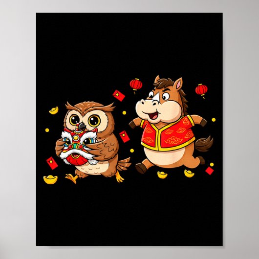 Chinese Horse Owl Funny Kids Mens Womens Happy New Poster (Vorne)