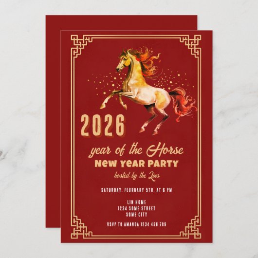 Chinese New Year 2026 Horse New Year Party Einladung (Vorne/Hinten)