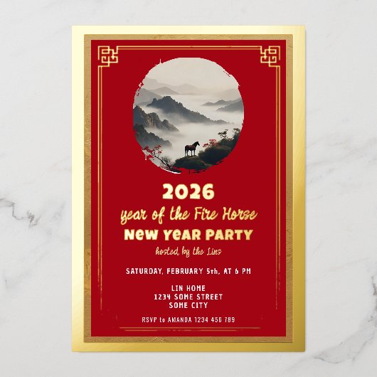 Chinese New Year 2026 Horse New Year Party Folieneinladung (Vorderseite)
