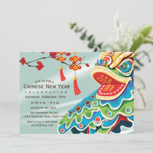 Chinese New Year Blue Lion Dancer Einladung (Stehend Vorderseite)