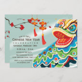 Chinese New Year Blue Lion Dancer Einladung (Vorne/Hinten)
