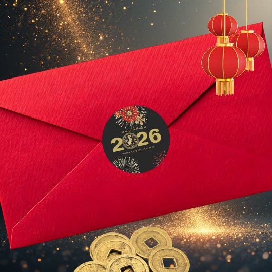 Chinese New Year of the Horse Black Gold Runder Aufkleber