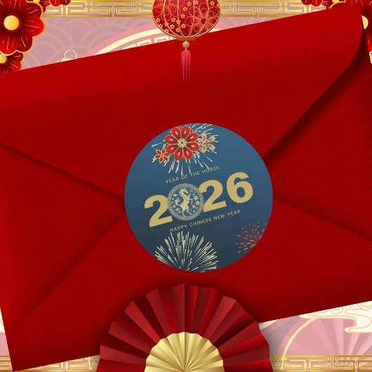 Chinese New Year of the Horse Blue Gold Runder Aufkleber