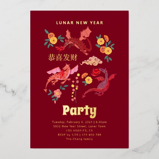 Chinese Red Lunar New Year Party Invitation Folieneinladung (Vorderseite)