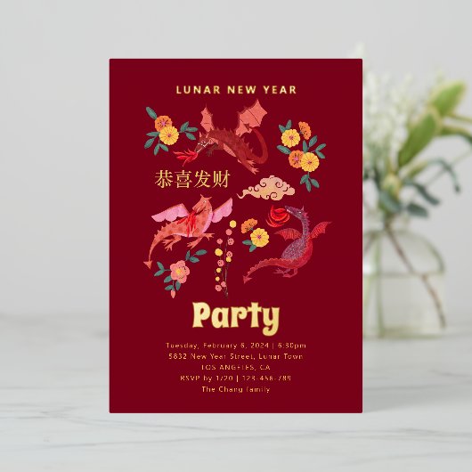 Chinese Red Lunar New Year Party Invitation Folieneinladung (Stehend vorne)