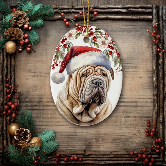 Chinese Shar-Pei Dog Holly Berry Christmas Keramik Ornament
