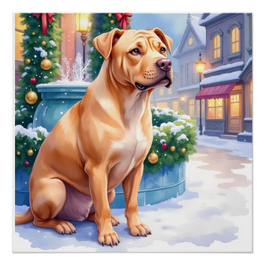 Chinese Shar-Pei Snowy Town Fountain Christmas Art Poster (Vorderseite)