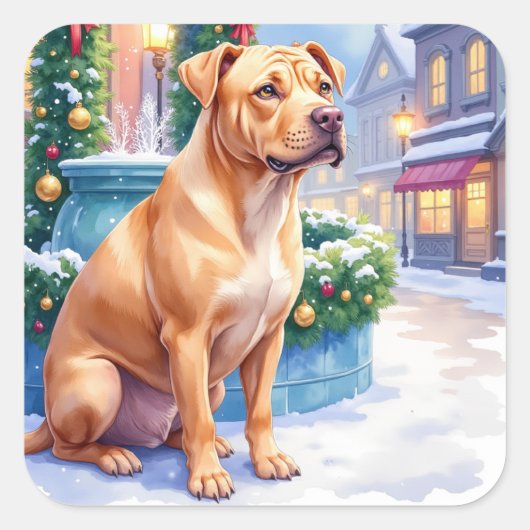 Chinese Shar-Pei Snowy Town Fountain Christmas Art Quadratischer Aufkleber (Vorderseite)