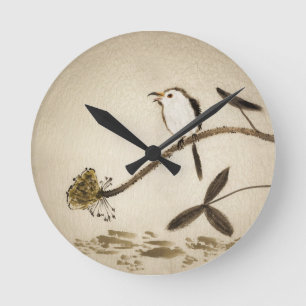 Chinese traditional ink painting with birds runde wanduhr