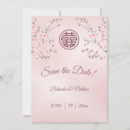 Chinesisch Hochzeit Dusty Pink Cherry Blossom Save The Date (Vorderseite)