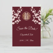 Chinesisch Hochzeit Dusty Pink Maroon Cherry Bloss Save The Date (Stehend Vorderseite)