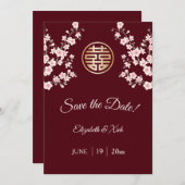 Chinesisch Hochzeit Dusty Pink Maroon Cherry Bloss Save The Date (Vorne/Hinten)