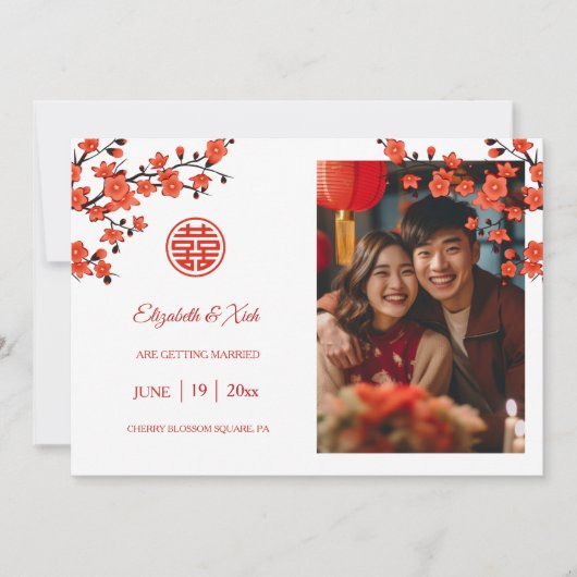 Chinesisch Hochzeit Red Cherry Blossom White Save The Date (Vorderseite)