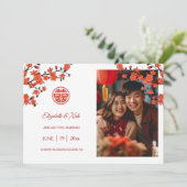 Chinesisch Hochzeit Red Cherry Blossom White Save The Date (Stehend Vorderseite)