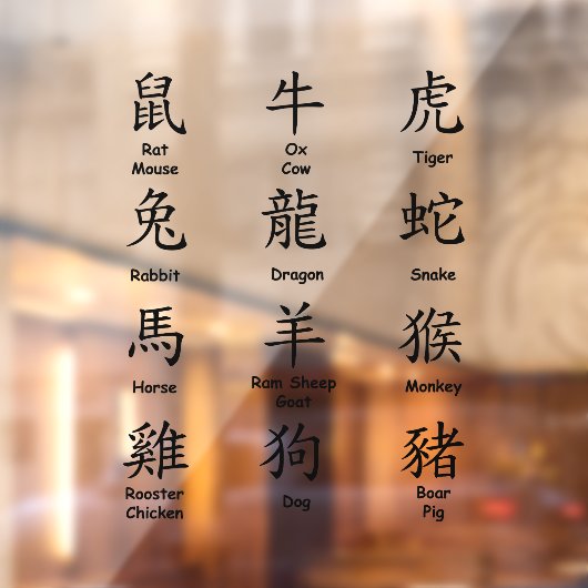 Chinesisch mit Zodiac Animals Black lesen Fensteraufkleber (Blatt 2)