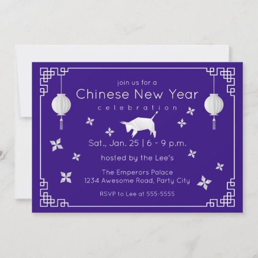 Chinesisch New Year Origami Ox, lila Einladung (Vorderseite)