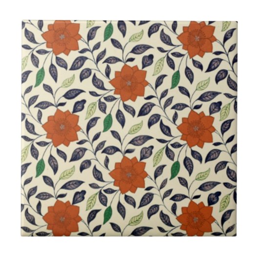 Chinesisch Orange Blume ~ Blaue und grüne Blätter Fliese (Vorderseite)