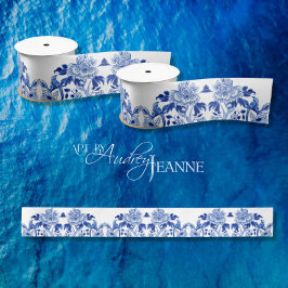 Chinesisch Vintag Peony Floral Bird Blue Bridal Satinband