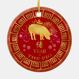 Chinesisch Zodiac Pig Red/Gold ID542 Keramik Ornament