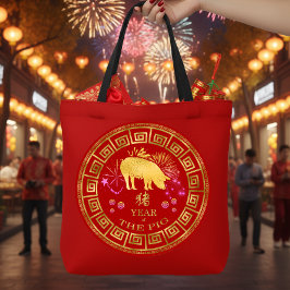 Chinesisch Zodiac Pig Red/Gold ID542 Tasche