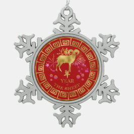 Chinesisch Zodiac Sheep Red/Gold ID542 Schneeflocken Zinn-Ornament