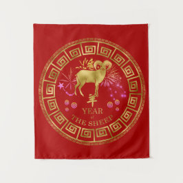 Chinesisch Zodiac Sheep Red/Gold ID542 Wandteppich